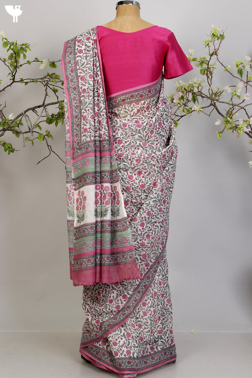 Kota Doria Saree in a Pink Floral Hand Block Print
